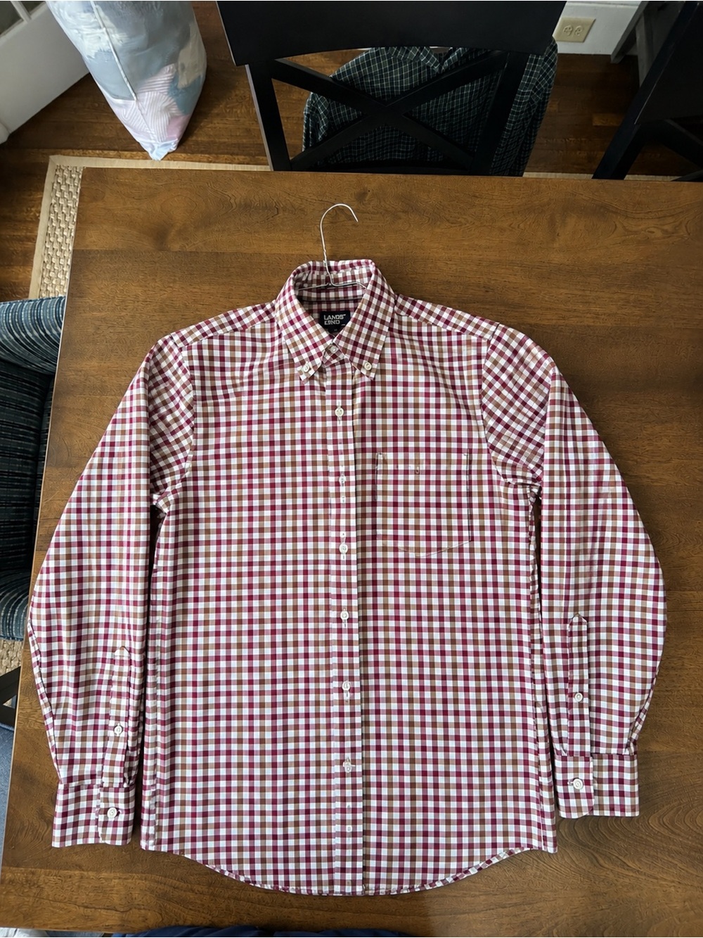 Lands' End Men's Burgundy and Brown Gingham Dress Shirt sz S, 14-14.5 neck